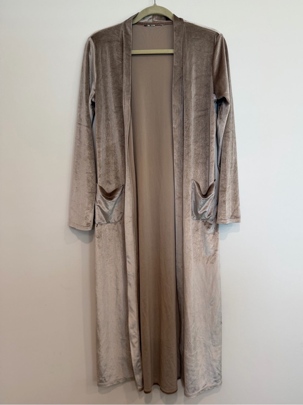 Taupe Velvet Duster Cardigan Long Open Front Maxi Jacket Pockets